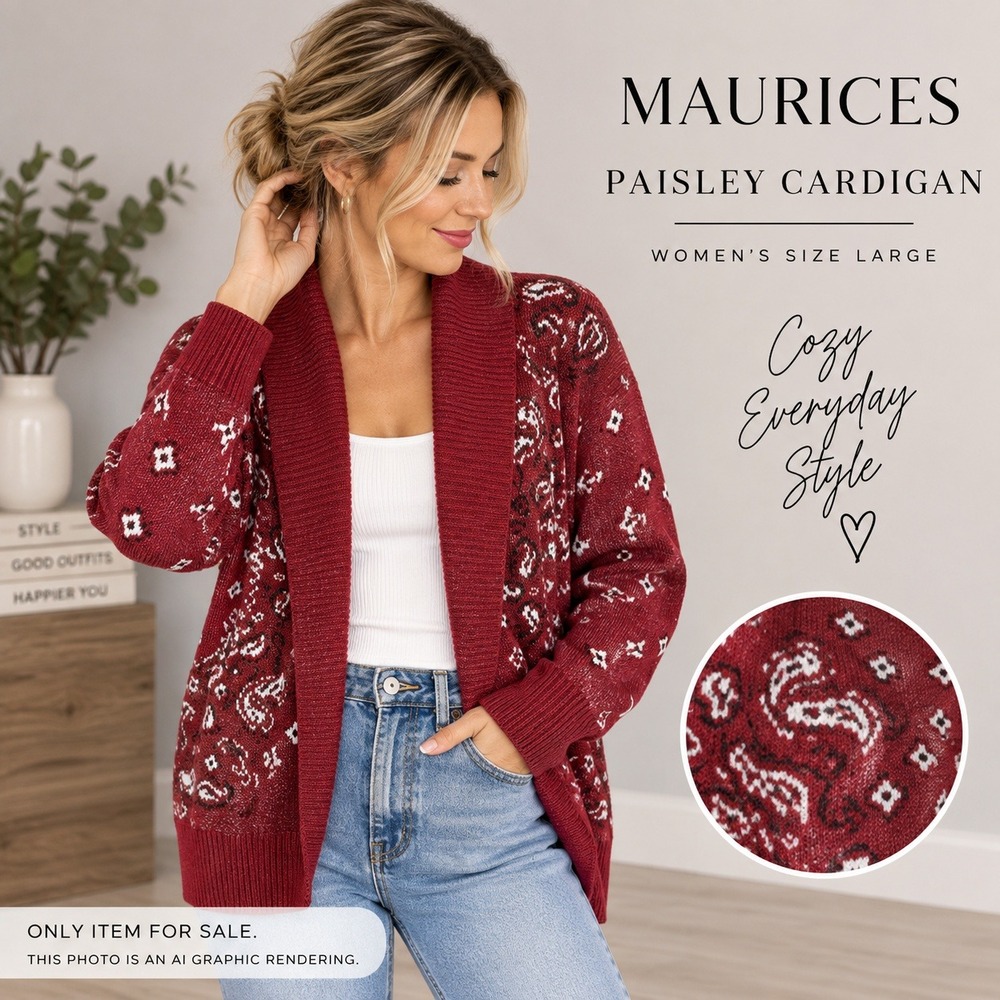 Paisley Cardigan Red Bandana Print Open Front Shawl Collar Western